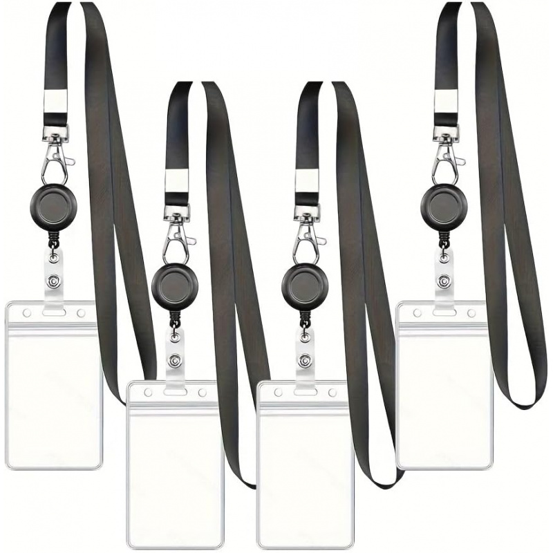 Lanyard Badge Holder - สายคล้องคอแบบยืดหดได้ 4 ชิ้น สีดำ พร้อมที่ใส่บัตรแบบยืดหดได้ สำหรับบัตรประจำตัวพนักงานและป้ายชื่อ